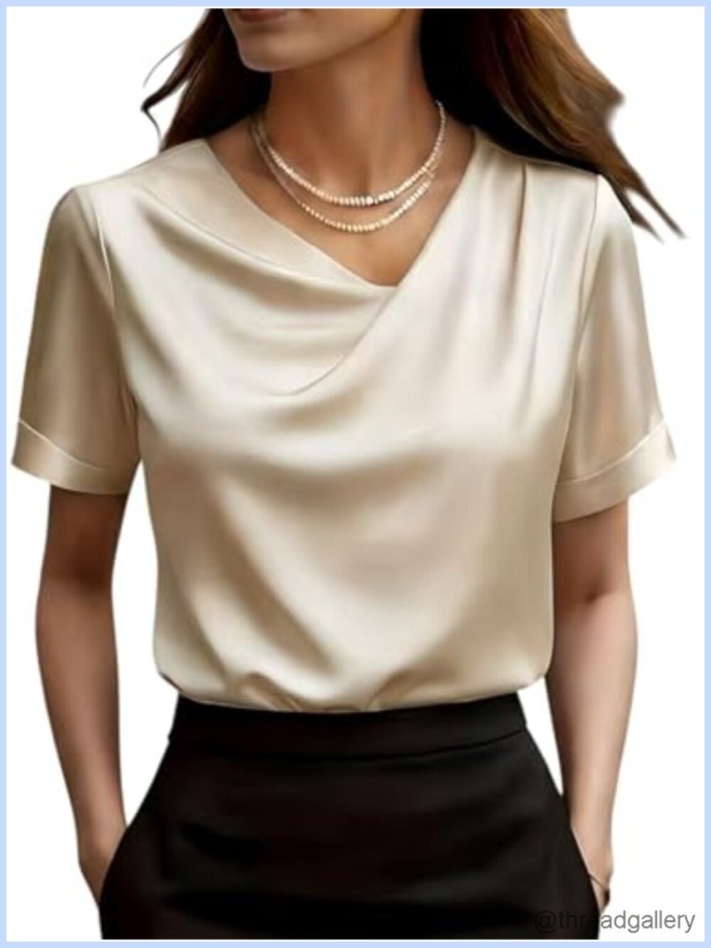 Crepe-Back Satin Asymmetric V-Neck Draped Short Sleeve Blouse